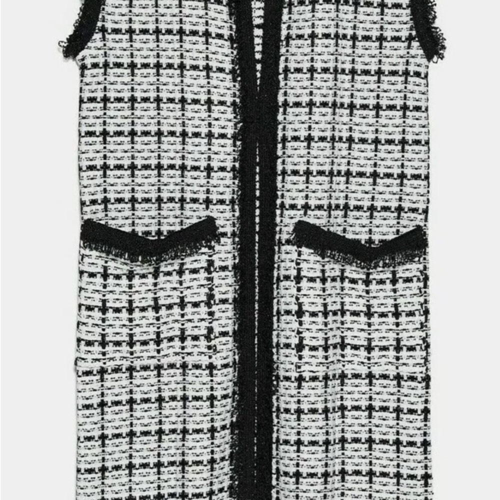 Zara Tweed Long Vest With Knit Jewelry Trim Size S